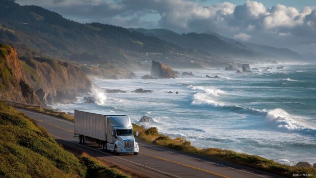 Truck wallpaper for desktops, a powerful freight truck driving along a coastal highway with waves crashing in the background.