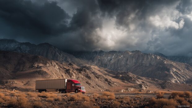 Truck wallpaper for desktops, an imposing freight truck navigating through rugged mountain terrain with dramatic skies.