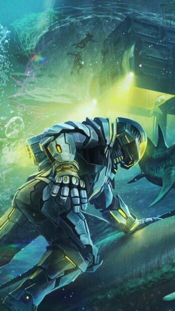 A character in advanced armor explores underwater alongside marine creatures in Ark Survival Evolved, 4K Phone Wallpaper