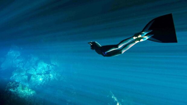 A freediver glides through clear blue water above rocky seabed, 2K Desktop Wallpaper