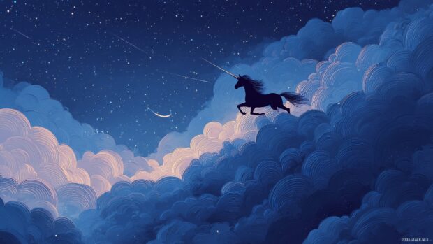 Unicorn art desktop, A dreamy unicorn gliding over a soft and fluffy cloud under a starry night.