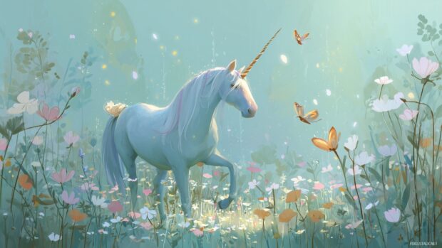 Unicorn art desktop, A whimsical of a unicorn prancing through a meadow filled with flowers and butterflies.
