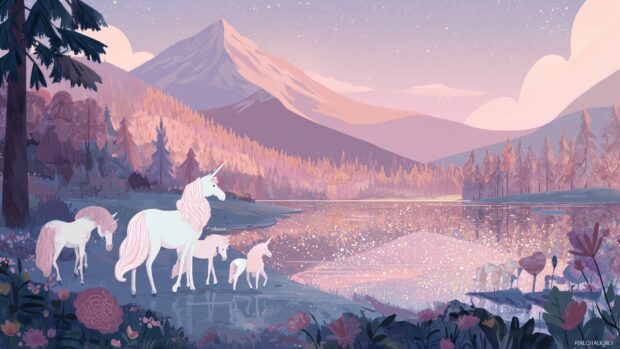 Unicorn illustrations for screens, A joyful family of unicorns playing near a sparkling lake.