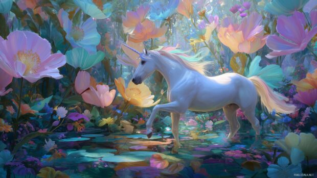 Unicorn wallpapers hd, A magical unicorn playing in a whimsical garden with oversized flowers.