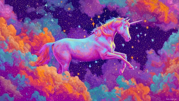 Unicorn wallpapers hd, A vibrant of a unicorn surrounded by colorful clouds and stars.