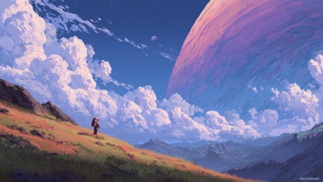 Unique Desktop HD Wallpaper, A Serene Space Scene With A Lone Astronaut Exploring A Distant, Colorful Planet Under A Swirling Sky