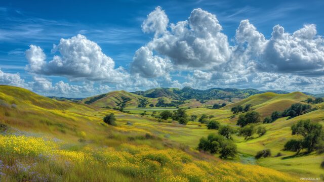 Unique Desktop HD Wallpaper, A Picturesque Countryside Scene With Rolling Hills, Wildflowers, And A Bright Blue Sky