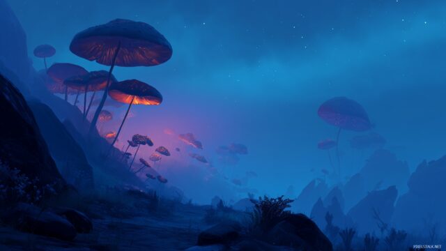 Unique Desktop HD Wallpaper Free Download, A Mystical Landscape With Giant Mushrooms Glowing In The Twilight Of An Alien World