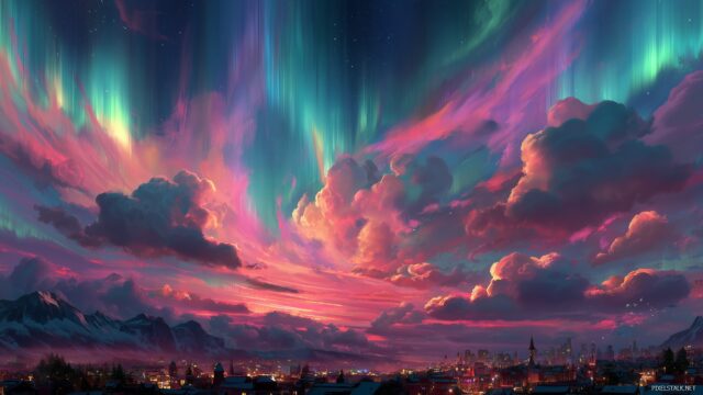 Unique Desktop Wallpaper, A Fantastical View Of A City Floating In The Clouds Surrounded By Vibrant Auroras