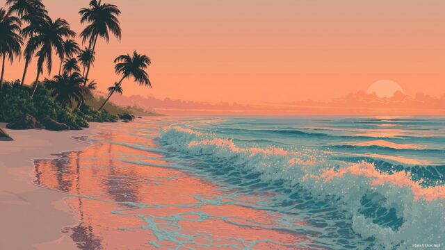 Unique Desktop Wallpaper, A Tranquil Beach Scene With Soft Waves, Palm Trees, And A Colorful Sunset