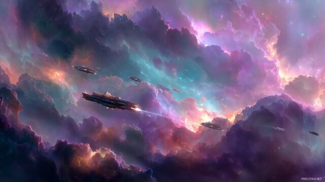 Unique Desktop Wallpaper Full HD, An Extraordinary Scene Showcasing An Intergalactic Race Between Futuristic Vehicles Through A Colorful Nebula