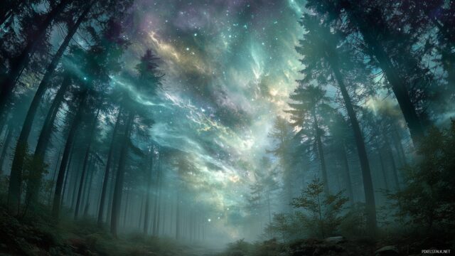 Unique Desktop Wallpaper Ultra HD, An Enchanting Forest Galaxy Merging Earth And Space With Ethereal Light Filtering Through The Trees