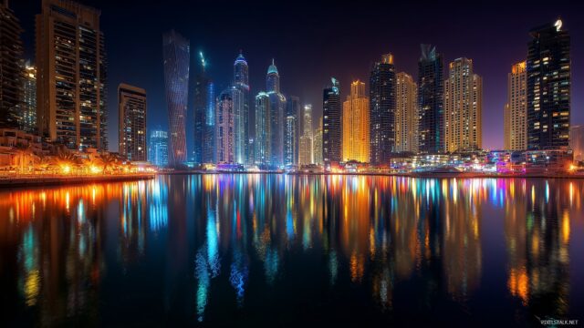 Unique Desktop Wallpaper Free Download, A Vibrant City Skyline At Night Filled With Bright Lights And Reflections On The Water