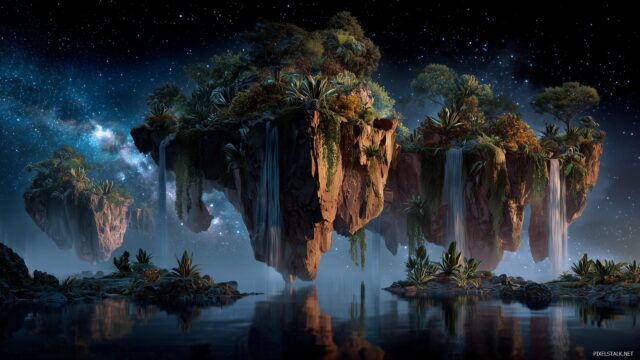 Unique Wallpaper HD, A Surreal Landscape Where Floating Islands Are Adorned With Exotic Plants And Waterfalls Cascading Into The Stars