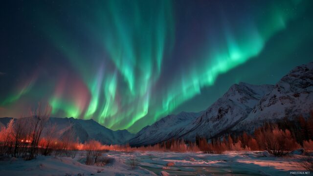 Unique Wallpaper HD For Mac, A Spectacular Aurora Borealis Dancing Across A Frosty Landscape Under A Clear Night Sky