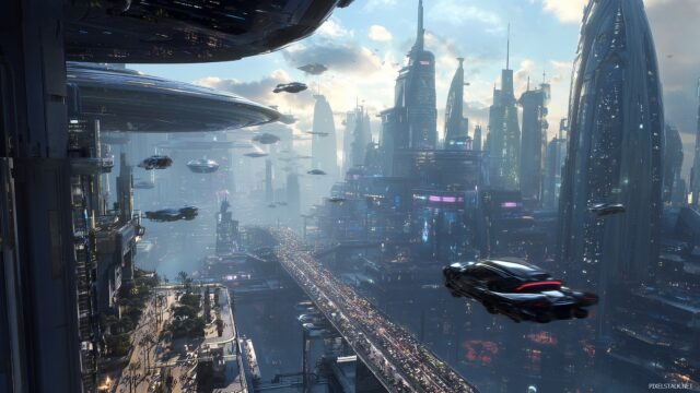 Unique Wallpaper HD For PC, A Dynamic View Of A Futuristic City With Flying Cars And Towering Skyscrapers Designed In Sleek Glass