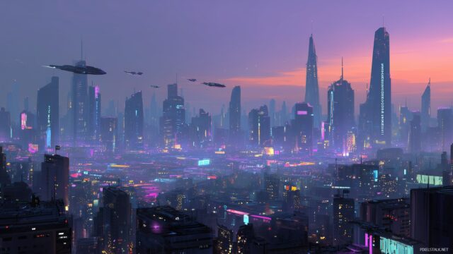 Unique Wallpaper HD For PC, A Futuristic Digital Cityscape With Neon Lights And Flying Vehicles At Dusk