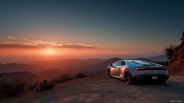 Unique Wallpaper For Desktop, An Expansive View Of A Supercar Parked On The Edge Of A Cliff Overlooking A Breathtaking Sunset Horizon