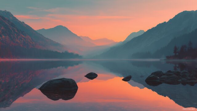 Unique Wallpaper For Desktop, A Calm And Serene Landscape Featuring A Peaceful Lake Surrounded By Mountains At Sunset