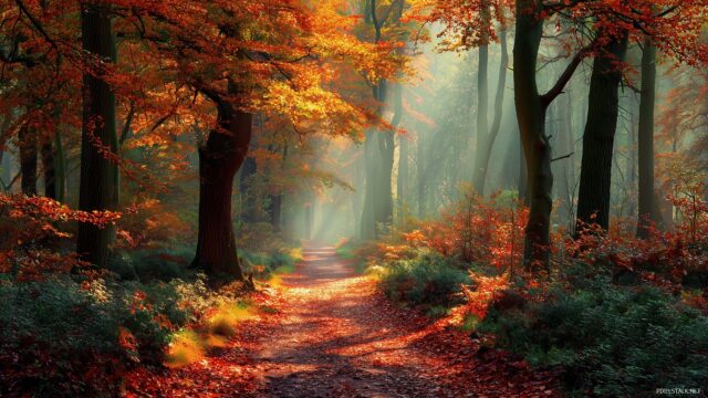 Unique Wallpaper For Mac, An Enchanting Forest Path Covered In Autumn Leaves With Rays Of Sunlight Filtering Through The Trees