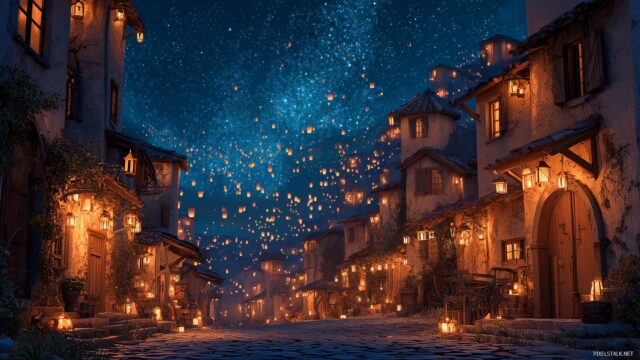 Unique Wallpaper High Definition, A Dreamy Night Scene Of A Quaint Village With Glowing Lanterns And A Star Filled Sky