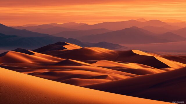 Unique Wide Screen Desktop Wallpaper, A Sweeping Desert Landscape With Dramatic Dunes And A Vibrant Sunset