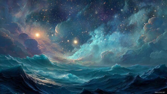 Unique Best Quality Desktop Wallpaper, A Dreamlike Interpretation Of A Cosmic Ocean With Waves Made Of Stars And Planets Dancing