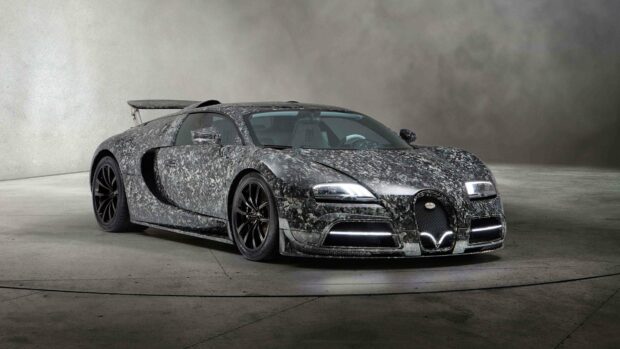 A Bugatti Veyron with a unique camouflage paint job is parked in an empty concrete space, 4K Desktop Wallpaper