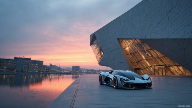 Unique High Resolution Wallpaper, A Detailed Scene Of A Luxurious Sports Car Parked In Front Of A Futuristic Building At Dawn