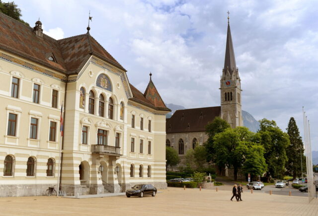 Vaduz Cityscape Elegant Architecture And Historic Church View Wallpaper
