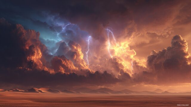 Vibrant Lightning HD Wallpaper, A Lightning Storm Raging Over An Expansive Desert, With Intense Colors And Detailed Textures In The Clouds
