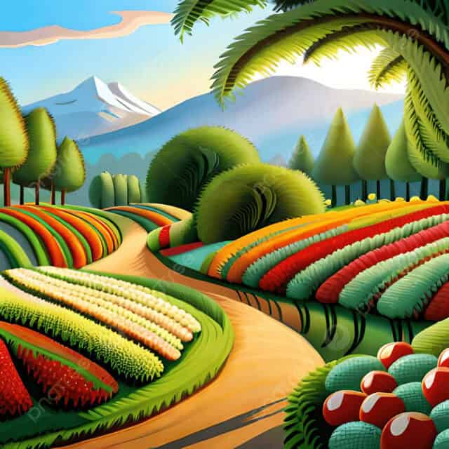 Vibrant Nature Artwork Wallpaper Featuring Colorful Fields and Lush Greenery