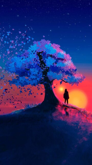 Vibrant Nature Artwork Wallpaper with Blue Tree and Silhouette at Sunset under Starry Sky