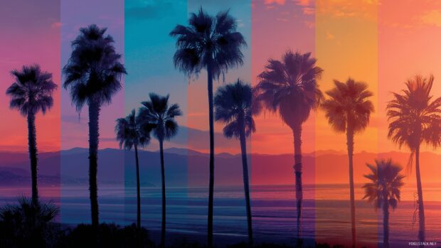 Vibrant palm tree backgrounds, a collage of colorful palm tree varieties against a backdrop of a stunning coastal horizon.