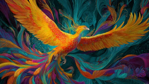 Vibrant phoenix bird wallpapers, a dynamic image of a phoenix in flight, surrounded by dynamic colors and energetic patterns in HD.