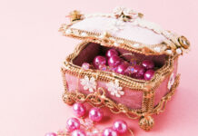 Vintage Jewelry Box With Pink Pearls On Elegant Wallpaper Background