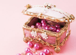 Vintage Jewelry Box With Pink Pearls On Elegant Wallpaper Background
