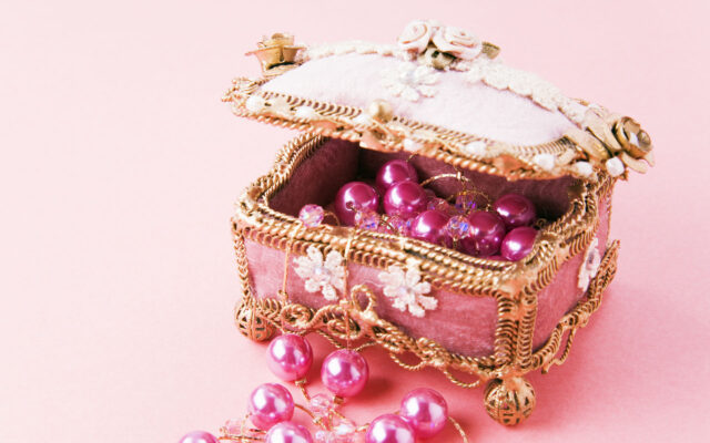 Vintage Jewelry Box With Pink Pearls On Elegant Wallpaper Background