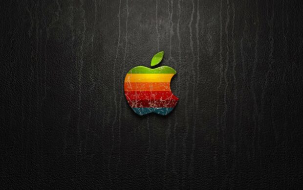 A vintage colored Apple logo is centered on a black textured leather background representing the Imac logo wallpapers, HD Desktop Wallpaper