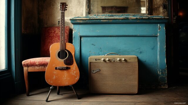 Vintage guitar wallpaper HD, a rustic setting with a weathered guitar leaning against an old amplifier in a cozy room.