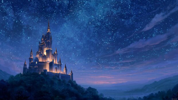 Wallpaper Disney Castle, a vibrant wallpaper of a whimsical castle perched atop a hill, stars twinkling overhead creating a magical ambiance.