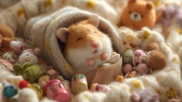 Wallpapers for cute pets, a sleepy hamster nestled in cozy bedding with tiny toys scattered around.