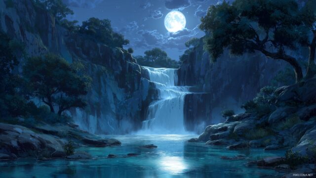 Waterfall Desktop HD Wallpaper, Crystal Clear Waterfall Reflecting The Bright Moonlight In A Serene Landscape
