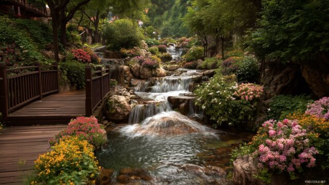 Waterfall Desktop HD Wallpaper Free Download, Romantic Waterfall Flowing Beside A Wooden Bridge Amidst Blooming Flowers