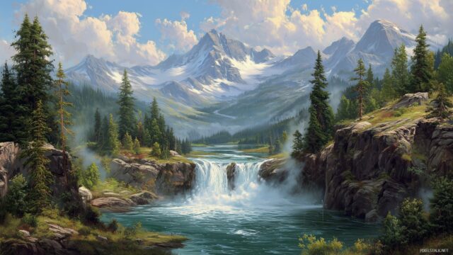 Waterfall Desktop Wallpaper Full HD, Picturesque Waterfall In A Serene Valley With A Backdrop Of Snow Capped Mountains