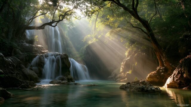 Waterfall Desktop Wallpaper HD, Stunning Waterfall At Sunset With Rays Of Light Breaking Through Trees