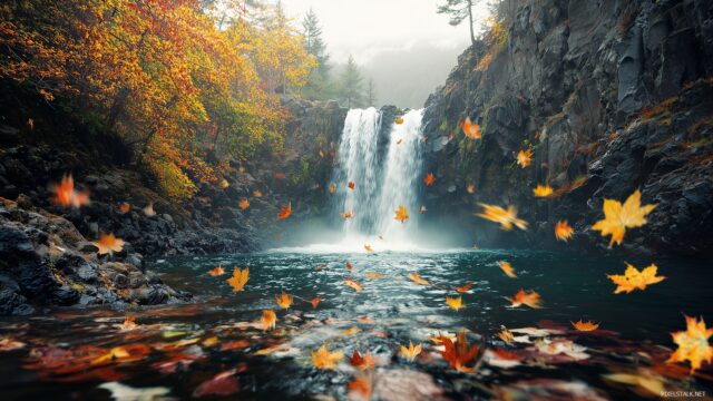 Waterfall Desktop Wallpaper HD Free Download, Enchanting Waterfall In An Autumn Landscape With Colorful Leaves Falling Around