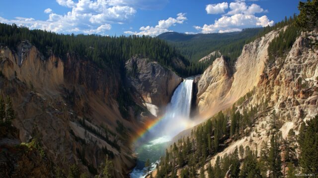 Waterfall Desktop Wallpaper High Resolution, A Stunning Waterfall With Rainbow Mist Set Against Rocky Mountains And A Bright Blue Sky
