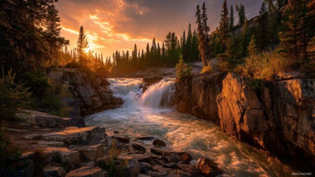 Waterfall HD Desktop Wallpaper, A Vibrant Sunset Casting Golden Hues Over A Roaring Waterfall In A Remote Wilderness