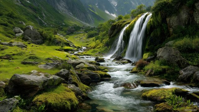 Waterfall HD Wallpaper, Exquisite Waterfall Tumbling Over Moss Covered Rocks With A Vibrant Landscape In The Background